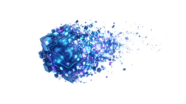 Abstract digital cube dissolving into particles isolated on transparent background