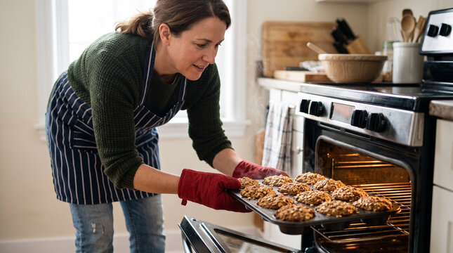 Woman Removing Freshly Baked Cookies From Oven
