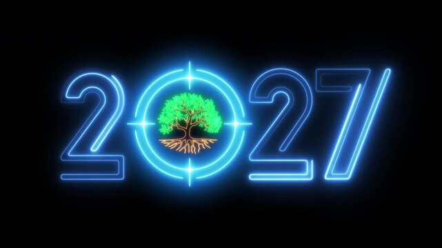 Glowing neon 2027 numbers with flourishing tree inside target crosshairs on dark background. Sustainable ecology conservation goals, environmental roadmap milestone, and green future idea concept.