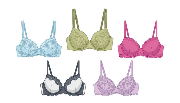 Lingerie collection vector set featuring delicate lace brassieres and push up underwear bras in various colors isolated on white
