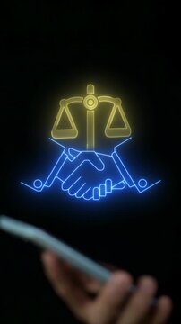 Businessman hand holding smartphone vertical shot with glowing scales of justice and handshake. Corporate legal compliance integrity, ethical partnership contract agreement, and business law idea.