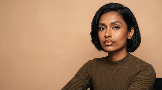 Portrait of a beautiful dark skin young woman looking at camera against warm beige background