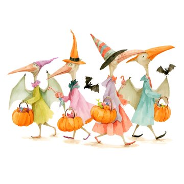Cute watercolor dinosaurs in witch hats trick or treating with pumpkins