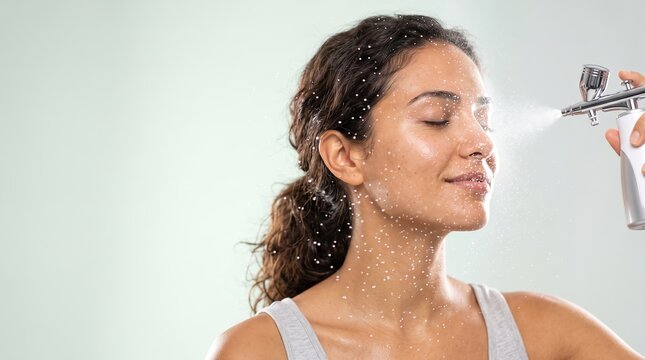 Young woman getting moisturizing spray treatment on face using an airbrush device