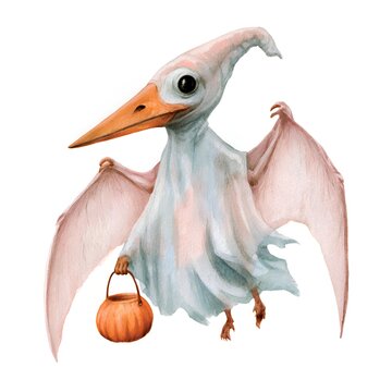 Cute watercolor pterodactyl dressed as a ghost holding a pumpkin for Halloween