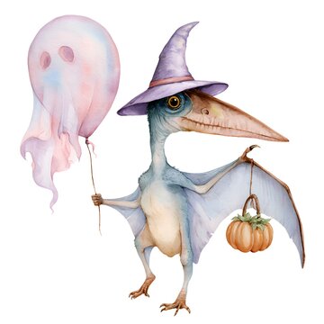 Cute watercolor pterodactyl wearing a witch hat holding a pumpkin and a ghost balloon