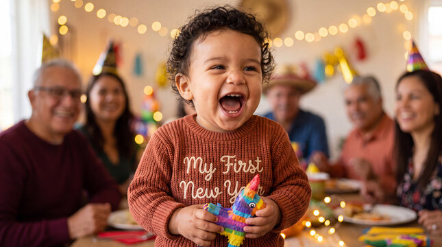 Happy Hispanic baby boy in terracotta My First New Year outfit holding a mini pinata laughs at a lively fiesta, ideal for festive family celebration banners and cards.