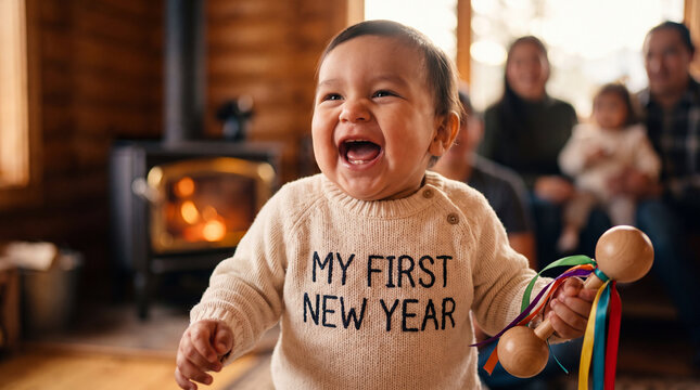 Joyful Native American baby boy in cream My First New Year knit outfit holding a ribbon rattle laughs in a rustic cabin, great for cozy seasonal cards and banners.