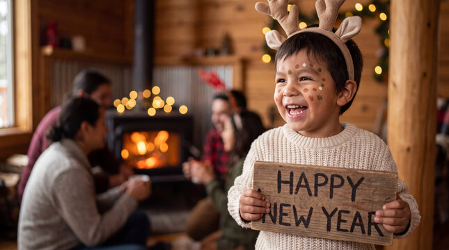 Joyful Native American boy in cream knit outfit holding a Happy New Year wooden sign laughs in a rustic cabin, great for cozy seasonal cards and banners.