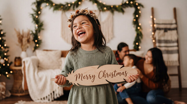 Happy Native American girl in sage green outfit holding a Merry Christmas feather sign laughs in a boho room, perfect for earthy holiday social posts and cards.