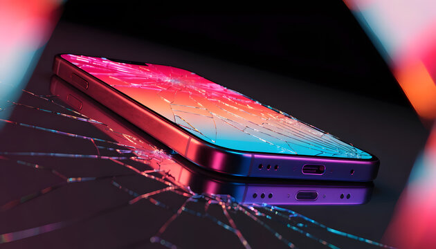Damaged mobile phone with cracked screen on reflective desk. Cellphone screen repair and warranty replacement. Broken smartphone resting with shattered glass display surface