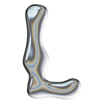 3D liquid chrome letter L with metallic melting effect and holographic reflections