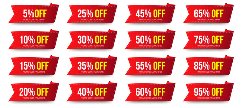 10%, 20%, 30%, 40%, 50%, 60%, 70%, 80%, 90% Discount label set. Sale tags set vector badges template. Sale offer price sign. Special offer symbol. Discount promotion. Discount badge shape. Vector desi