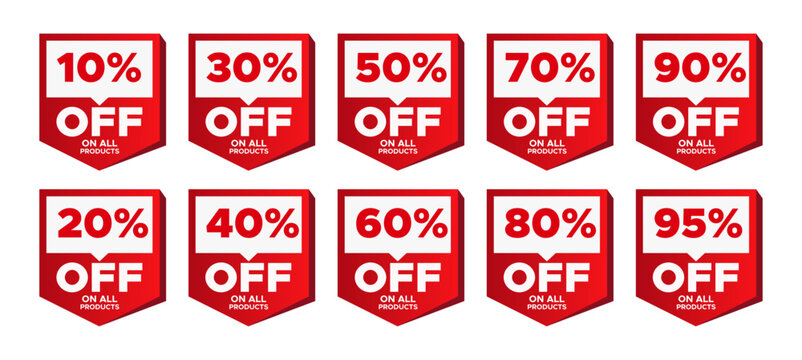 10%, 20%, 30%, 40%, 50%, 60%, 70%, 80%, 90% Discount label set. Sale tags set vector badges template. Sale offer price sign. Special offer symbol. Discount promotion. Discount badge shape. Vector desi