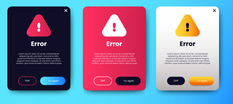 Error warning pop up design set design. warning notification pop up banner UI. vector