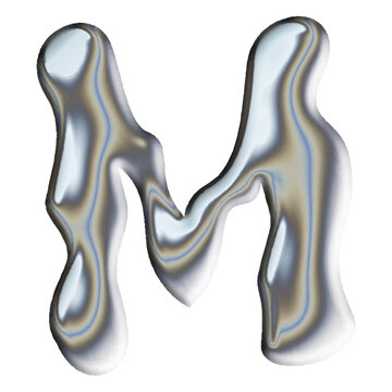 Abstract 3D liquid chrome letter M with metallic reflections and melting effect 
