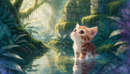 Obraz premium Wild nature environment and fantasy forest. Animal wildlife and wilderness discovery. Small cute orange tabby kitten standing in a jungle river