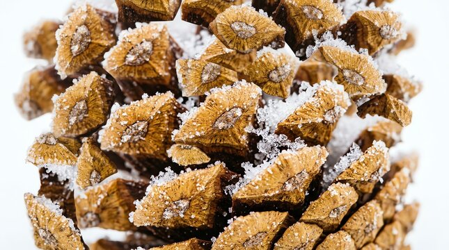 Extreme Close-Up of a Pinecone Covered in Frost and Snow