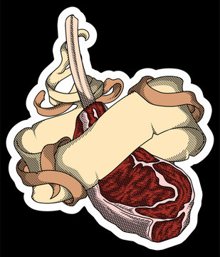 etching vector artwork depicting a juicy raw tomahawk steak with bone, wrapped in a classic blank heraldic banner. Ideal for grill house emblem logos, meat market signboards, BBQ event posters,etc