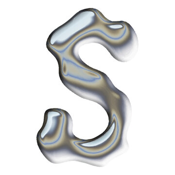 Metallic chrome liquid metal letter S with iridescent reflection