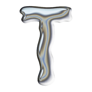 Glossy 3D liquid metallic letter T with reflective chrome finish