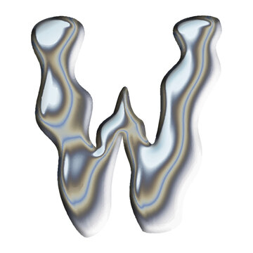 Artistic 3D liquid metallic letter W with wavy chrome texture and molten silver reflections