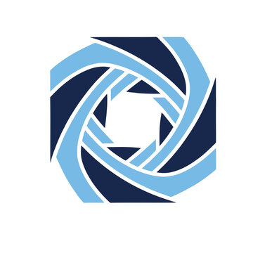Abstract geometric logo with blue and dark blue swirls