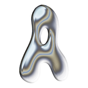 Abstract three dimensional liquid chrome letter A with metallic fluid texture