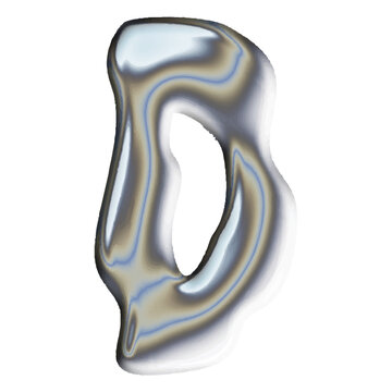 Abstract 3D liquid chrome letter D with molten metal texture and iridescent metallic finish