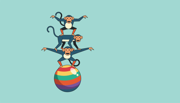 Playful illustration of three circus monkeys stacked in a pyramid balancing on a colorful striped ball.