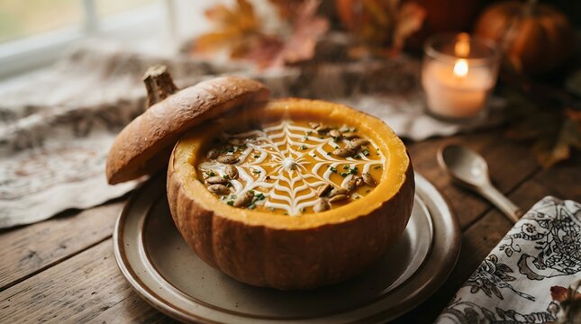 Pumpkin soup in hollowed pumpkin