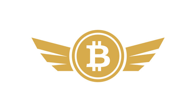 Golden bitcoin coin with angelic wings on both sides, symbolizing the rise of cryptocurrency and digital wealth.