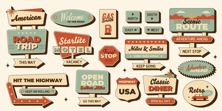 Retro American road trip sticker roadside sign set, travel arrows, welcome badges and vintage direction signs. Vector illustration in mid century 1950s style