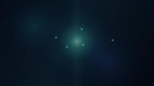 Deep space star field visualization featuring glowing celestial bodies and faint nebula light in a dark cosmic void background representing vid ano