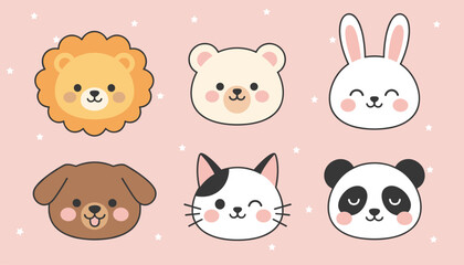 Fototapeta premium Cute cartoon animal face set including a lion, bear, rabbit, dog, cat, and panda on a soft pink starry background.