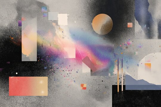 Trippy abstract geometric collage with colorful nebula shapes and scattered particles for psychedelic background and poster design