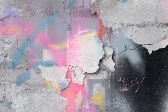 Cracked concrete wall collage with pastel spray paint and peeling plaster texture for urban background and street art mural design