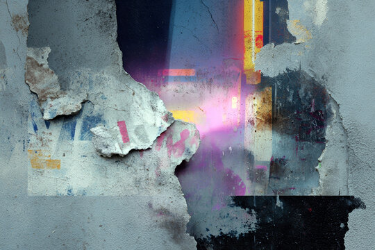 Grunge urban torn wall collage with peeling plaster and neon light effects for background and poster design