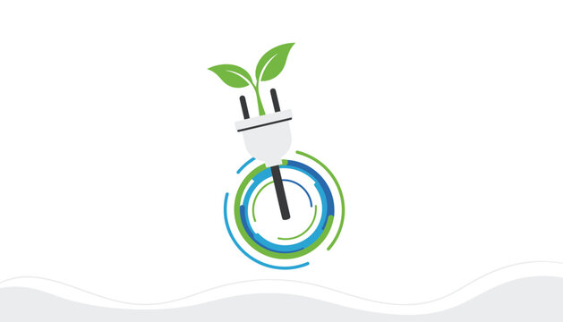 Green eco energy concept showing an electrical power plug with leaves plugged into circular green and blue dial.