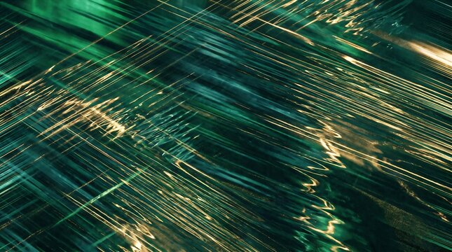 Dynamic green and golden light streaks creating an intricate abstract pattern, evoking a sense of digital movement and energetic flow in a futuristic design