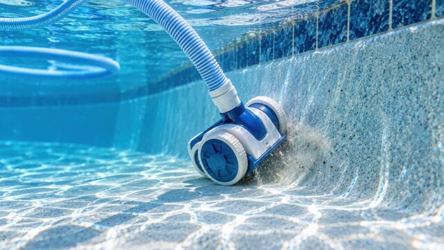 Unmarked suction pool cleaner climbing wall with debris puff, cleaning action banner copy space