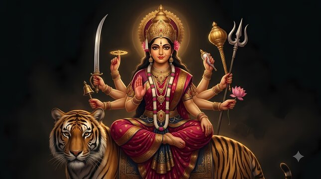 Goddess Durga with Tiger. Divine Warrior Goddess with Sacred Weapons. Hindu Religious Deity. Detailed Indian Spiritual Illustration