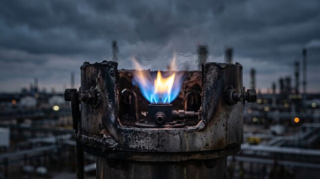 A vibrant blue and orange industrial gas burner flame burns brightly against a blurred backdrop of an oil refinery or chemical plant under a dark, atmospheric sky.