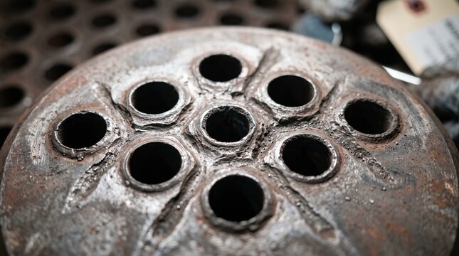 Detailed close-up of an aged industrial metal disc featuring multiple circular openings and rough welding seams. Captures the texture of rust and robust fabrication.