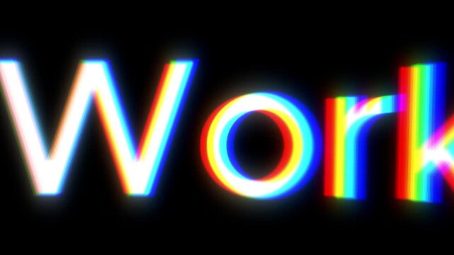 Work typography rendered with glowing chromatic aberration and RGB split effect on dark background, illustrating corporate themes, office environment challenges, productivity pressure, and modern.