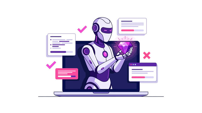 AI Data Mining Concept featuring robot holding glowing diamond emerging from laptop screen, ideal for technology blogs and AI software marketing.