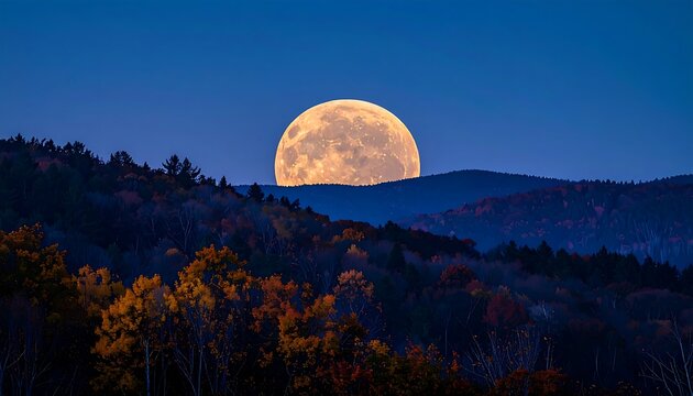 Full supermoon rising over autumn mountains at twilight landscape with colorful fall foliage forest