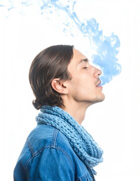 Man Exhaling Blue Smoke with Closed Eyes