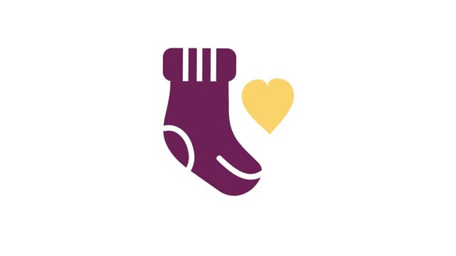 Animated purple sock and yellow heart graphic on white background