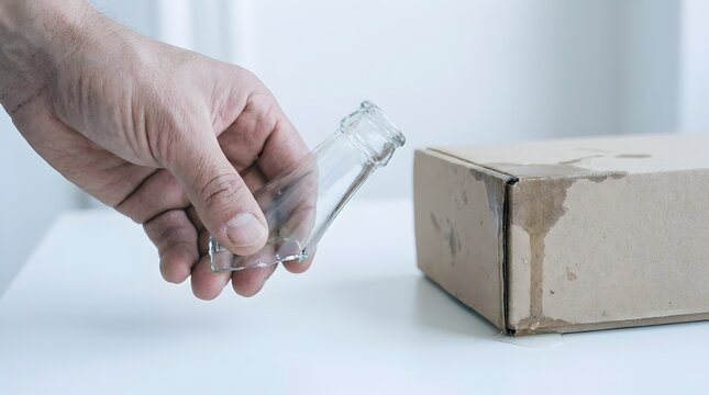A close-up of a hand holding a broken glass bottle neck next to a wet and damaged cardboard box, illustrating a damage package, delivery issues, shipping accidents, and fragile item mishandling.